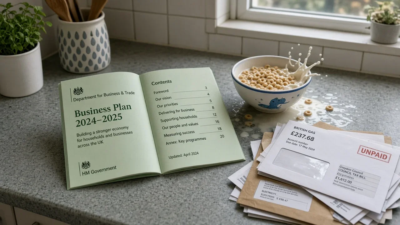 A government business-plan booklet sits on a kitchen counter beside spilled cereal and a pile of unpaid household bills.
