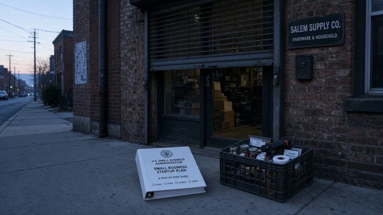 A thick small-business startup plan lies on the sidewalk outside a modest neighborhood supply store.