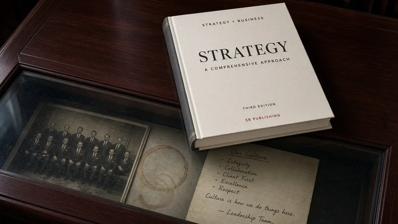 A strategy book rests over an old leadership photograph and a handwritten list of corporate culture values.