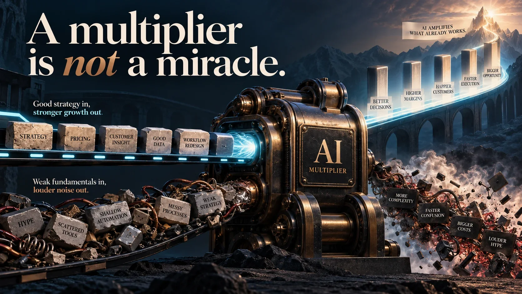 A machine labeled AI multiplier turns strong commercial inputs into growth while weak inputs emerge as complexity, confusion, costs, and hype.