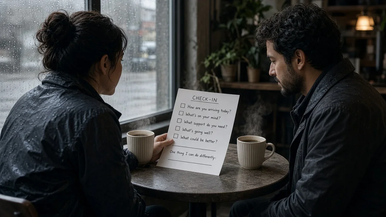 Two colleagues sit across a café table holding a printed manager check-in questionnaire.