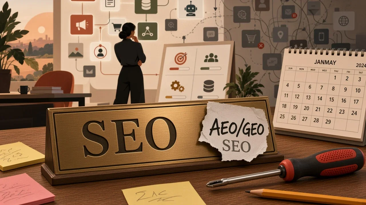 A large SEO nameplate overshadows smaller AEO and GEO notes while marketers sort competing labels on a wall.