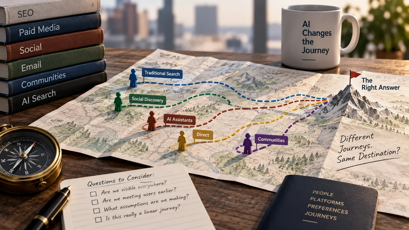 An editorial map showing customer routes through traditional search, social discovery, AI assistants, direct visits, and communities toward the same destination.