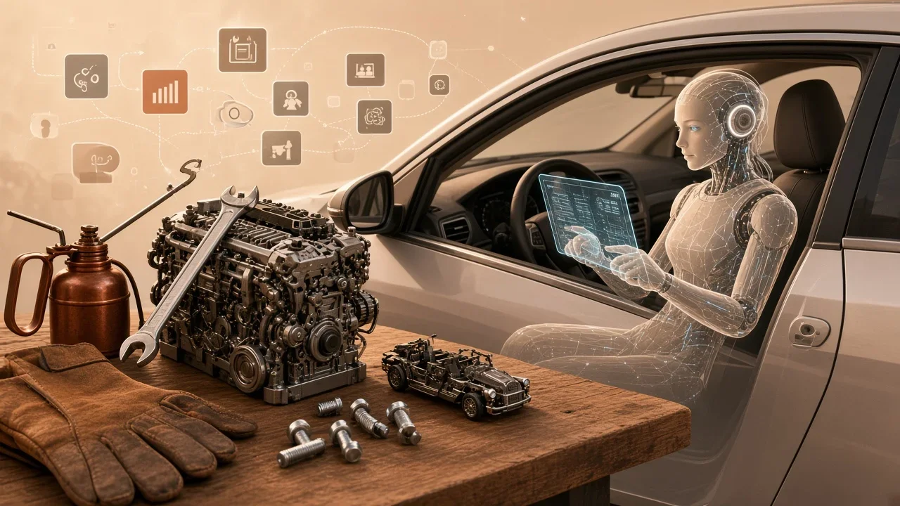 A human's tool-filled workbench faces a self-driving car piloted by a robot, contrasting assistance with delegated control.
