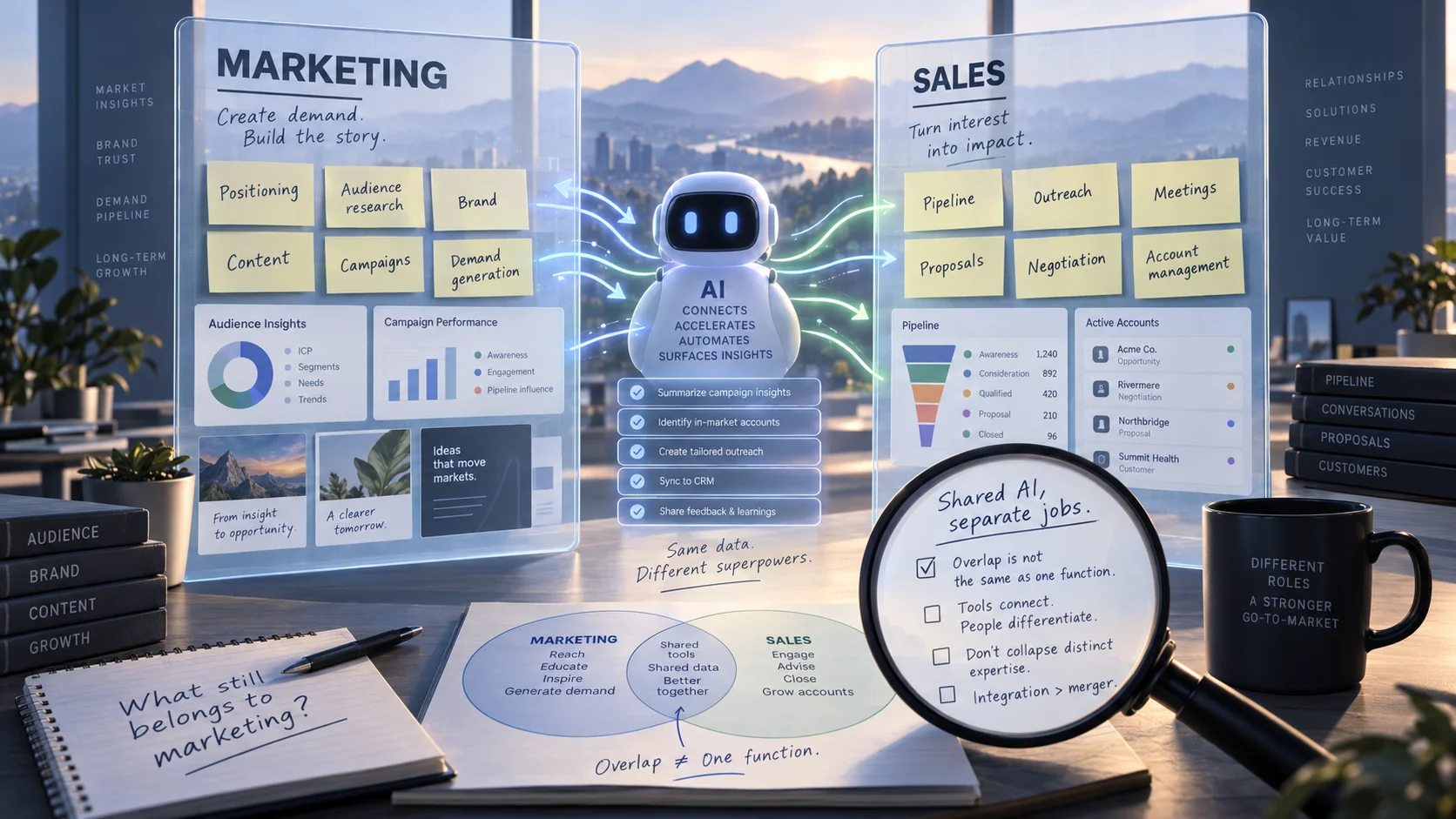 An AI assistant connects separate marketing and sales workspaces while a magnifying glass emphasizes that overlapping tools do not make them one function.