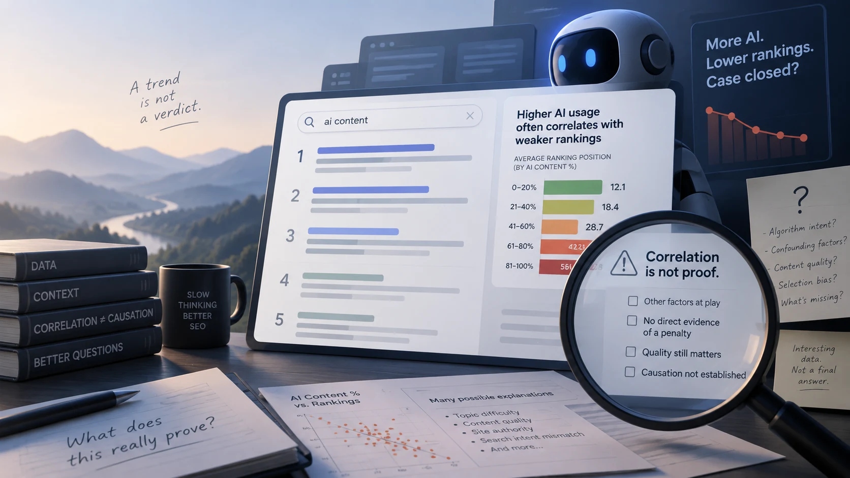 Editorial illustration examining a chart that links heavier AI use with weaker search rankings while questioning whether correlation proves a penalty.