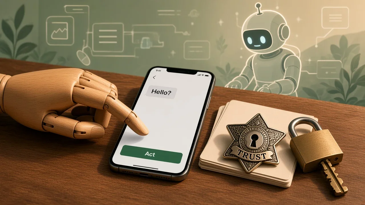 A wooden hand reaches toward an AI assistant on a phone beside a trust badge, padlock, and connected-data sketch.