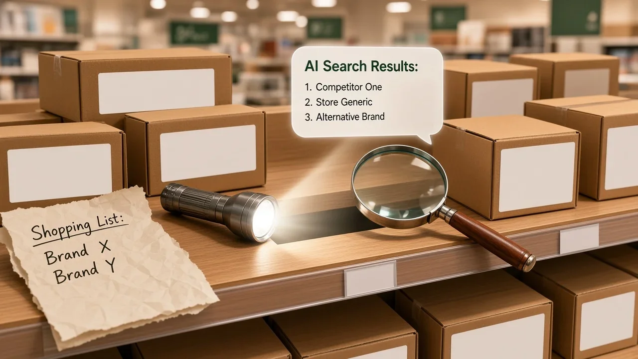 Identical product boxes sit beneath an AI search result while a flashlight and magnifying glass reveal an unresolved shopping list.