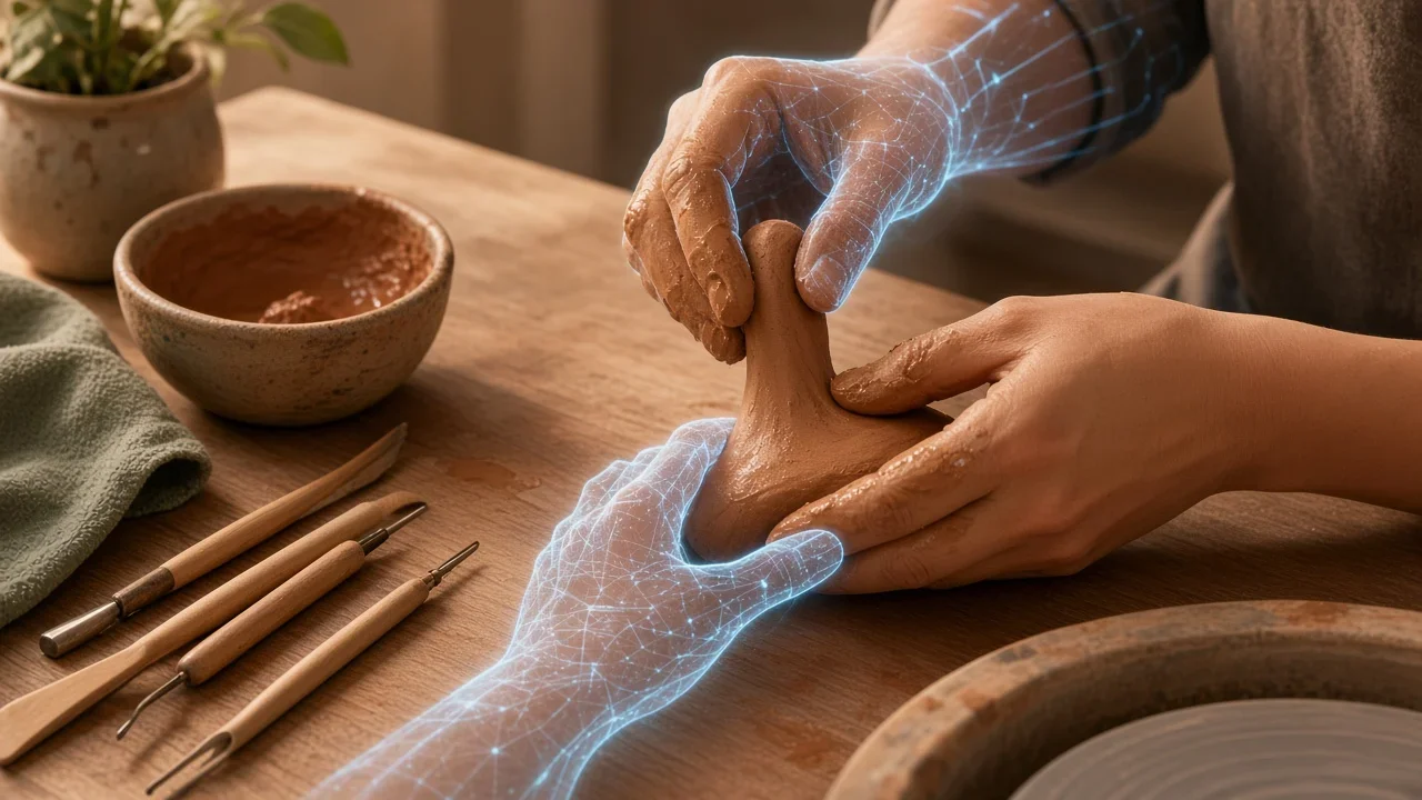 Human hands shape clay while translucent digital hands continue the work, suggesting tension between craft and continuous automation.