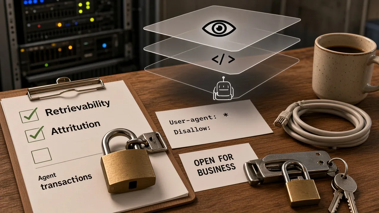 A checklist for retrievability and meaning sits among locks, keys, and a sign granting user-agent access.