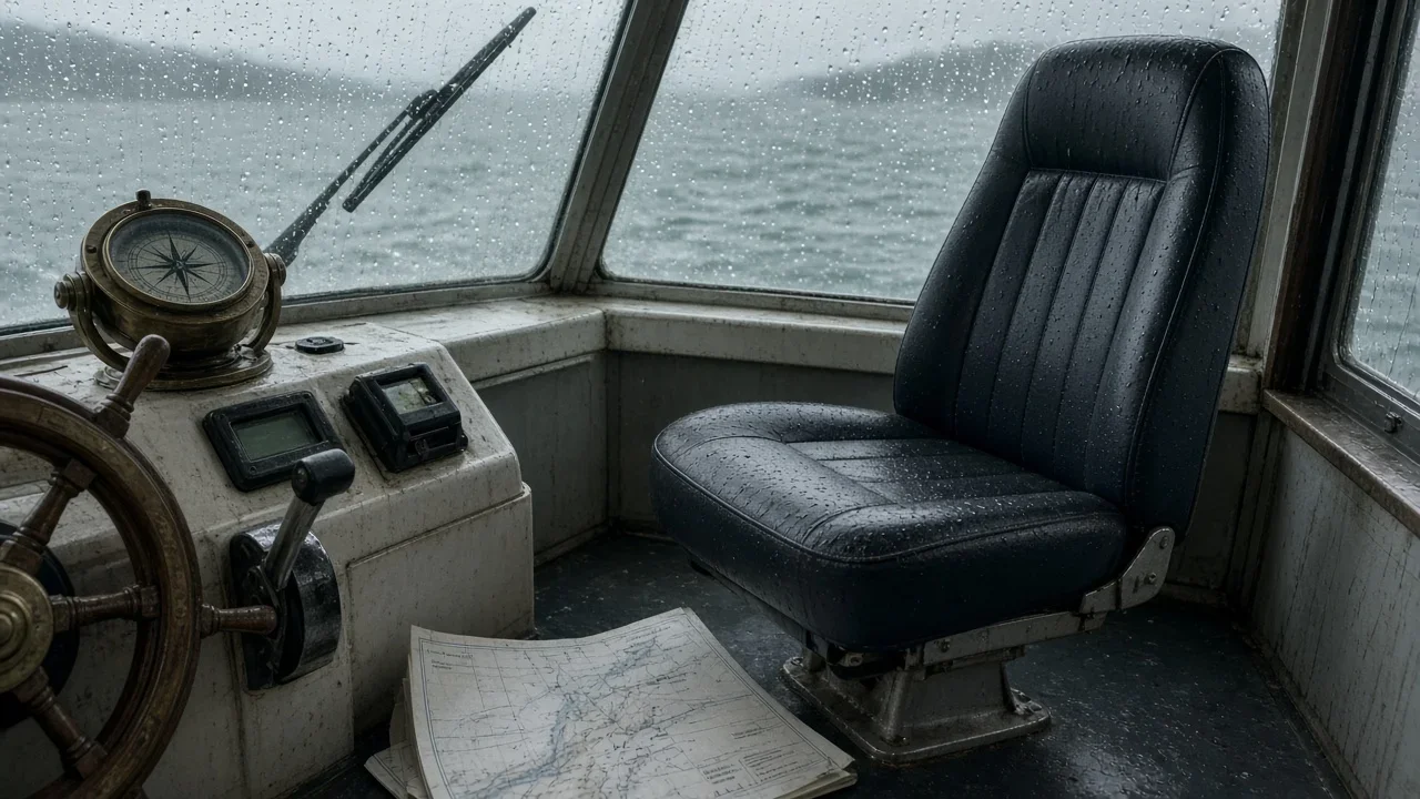 An editorial illustration of a crew member holding a captain’s wheel disconnected from the ship’s controls.
