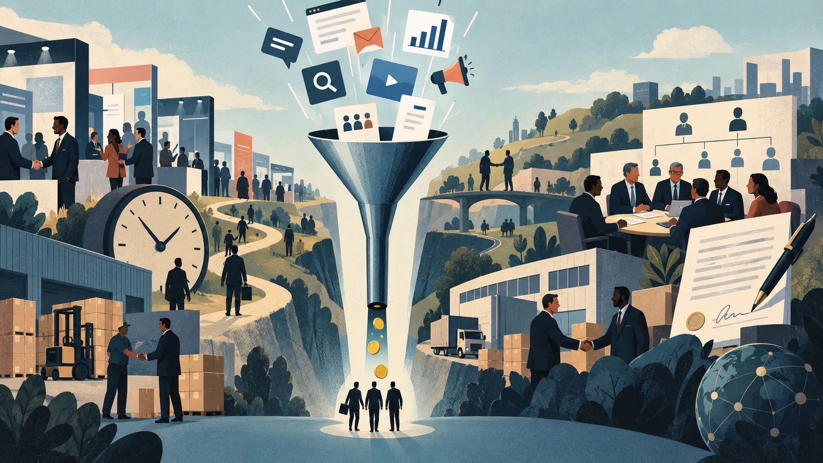 Editorial illustration of digital marketing assets entering a funnel between relationship-led sales and operational delivery.