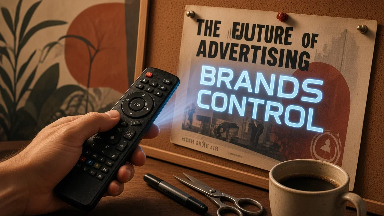 A viewer points a remote at a screen declaring brands control the future while advertising systems remain hidden behind the display.