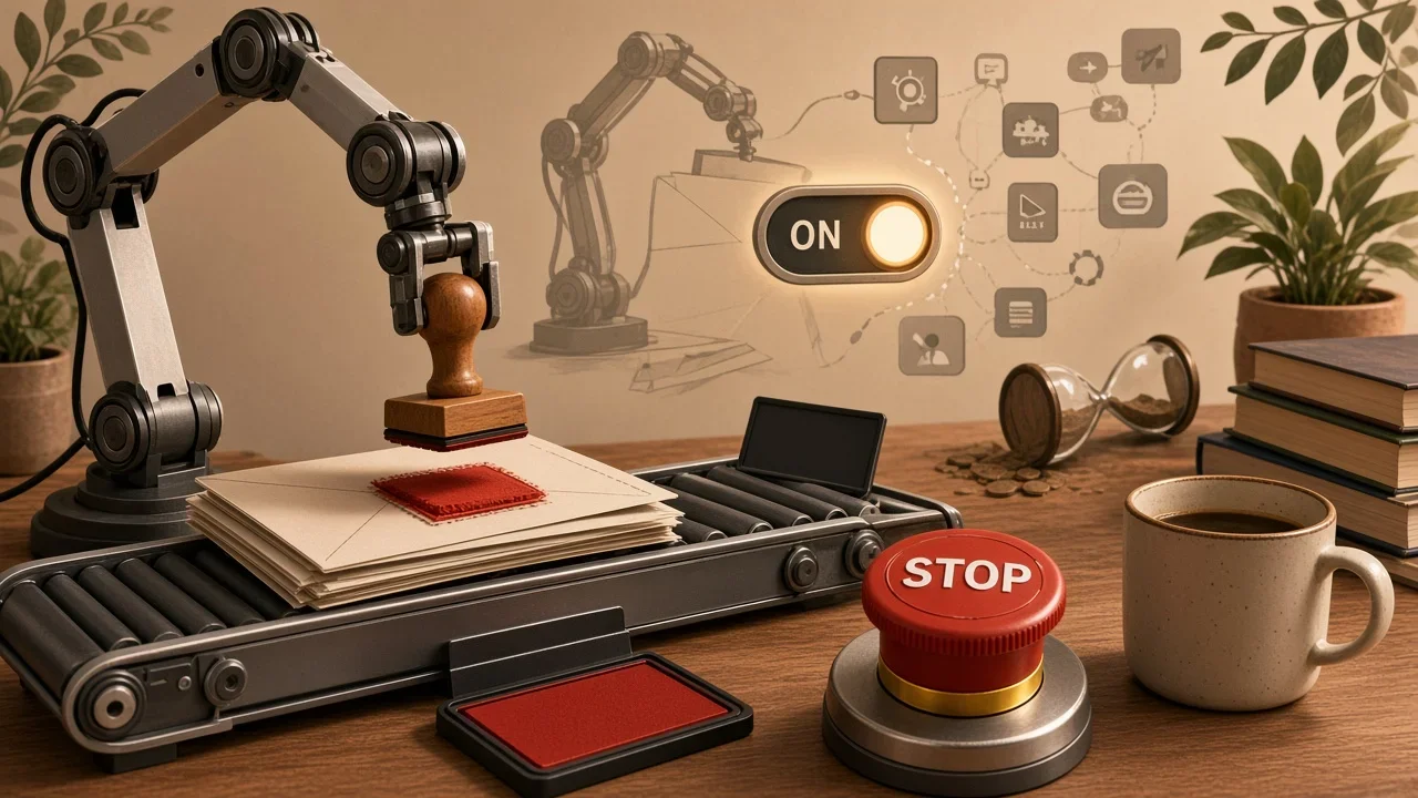 A robotic arm stamps messages on a conveyor belt beside an always-on switch and a large emergency stop button.