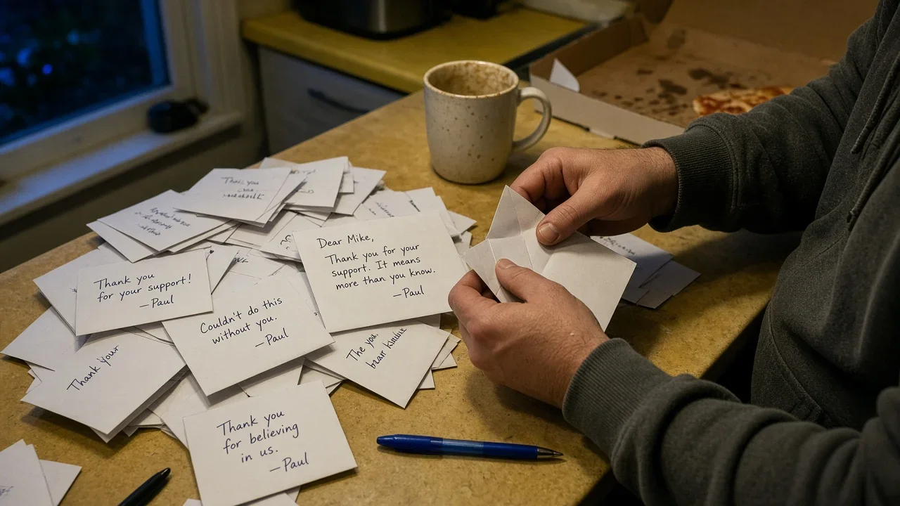 A founder folds handwritten thank-you notes beside a large pile of personalized customer messages on a kitchen counter.
