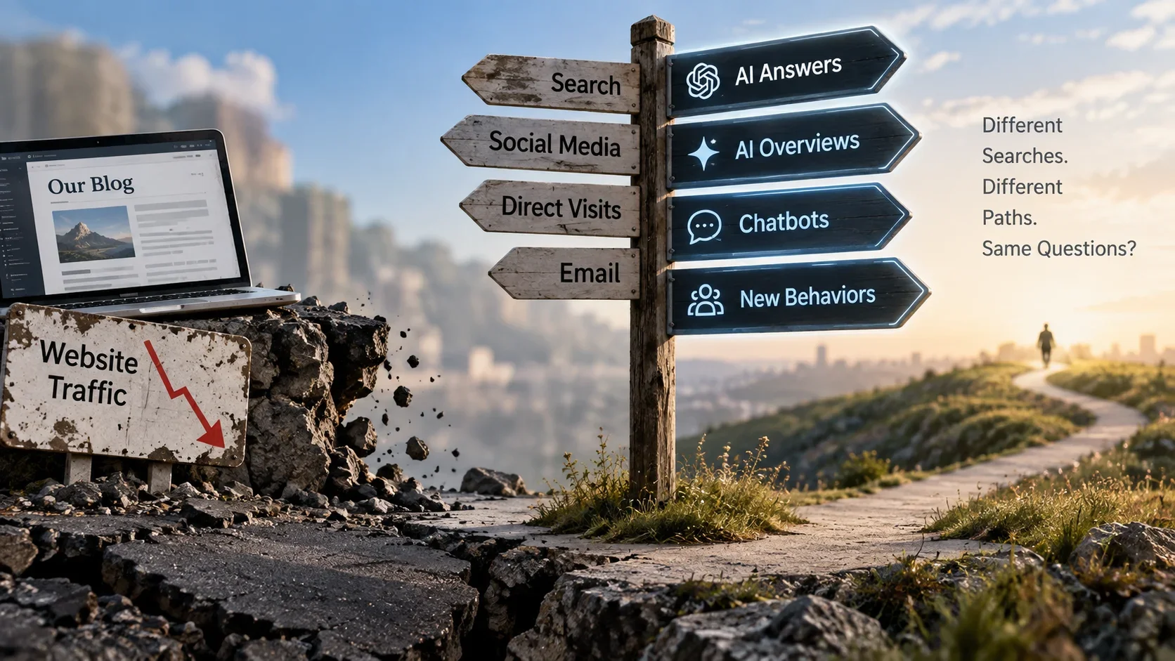 An editorial crossroads where a broken website traffic route gives way to signs for search, social media, direct visits, email, and AI answers.