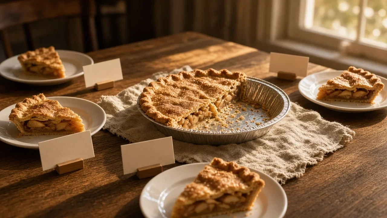 An apple pie is divided into labeled slices of different sizes around a shared table.