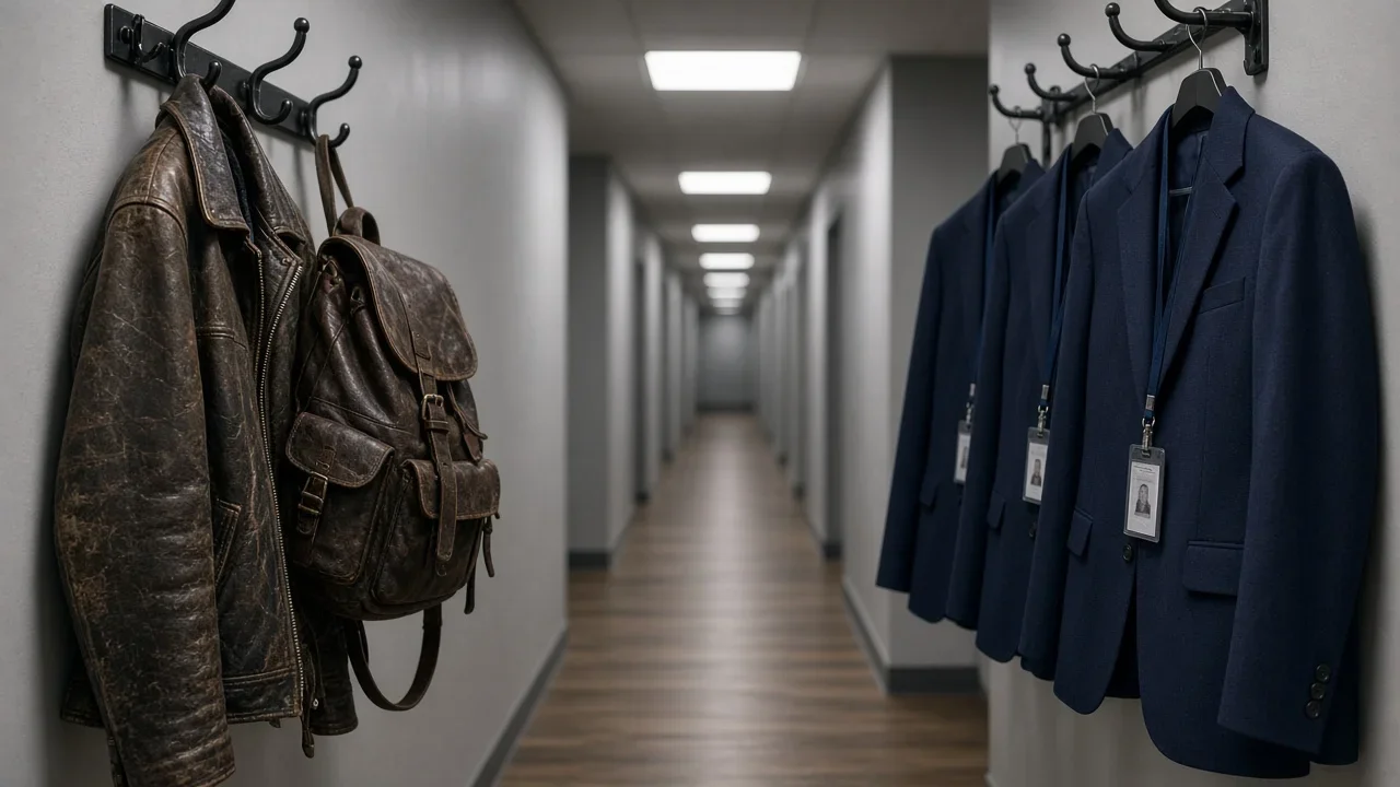 A founder’s worn leather jacket and backpack hang opposite a row of identical corporate suits in a long office corridor.