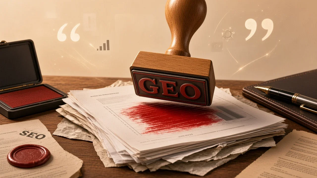 A rubber stamp marked GEO presses red ink onto a stack of documents beside an older SEO seal.