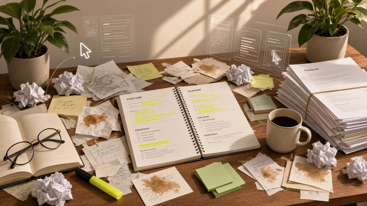 A crowded desk of drafts and checklists sits beneath a translucent search interface pointing toward a stack of finished pages.