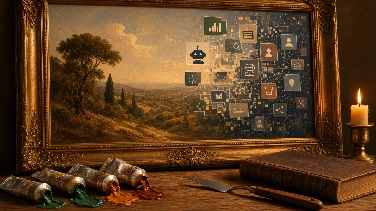 A classical landscape painting is overtaken by a grid of machine-generated icons while brushes and pigments remain on the table.