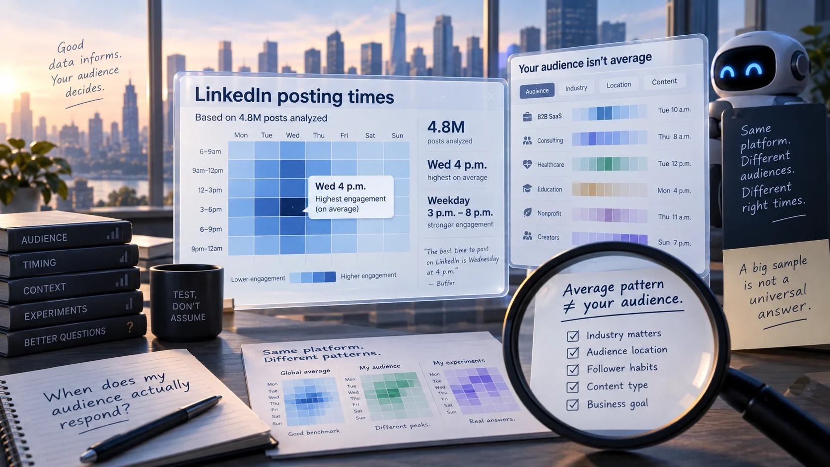 Editorial illustration comparing a global LinkedIn posting-time average with different audience-specific patterns and experimental results.