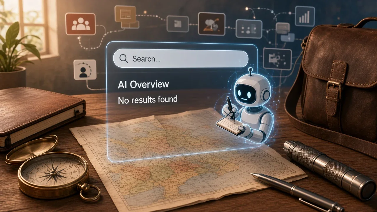 A small robot searches a glowing interface that returns no results while customer profiles and maps float behind it.