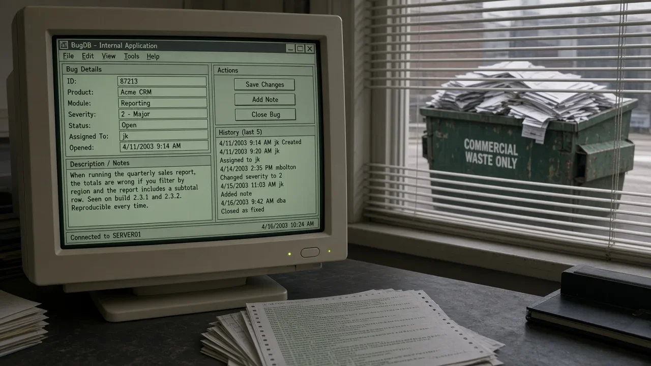 An editorial image of an old bug database beside a dumpster filled with discarded code printouts.