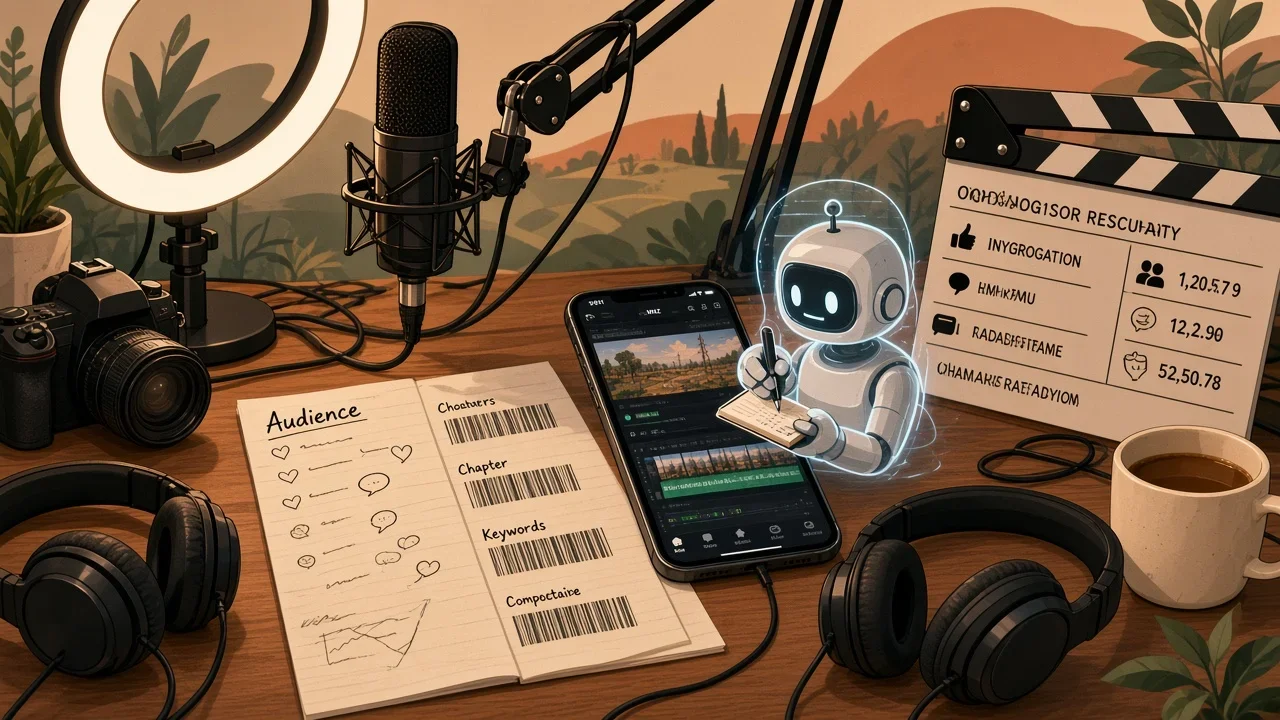 A creator's studio is surrounded by microphones, cameras, transcripts, an audience brief, and a robot scoring machine visibility.