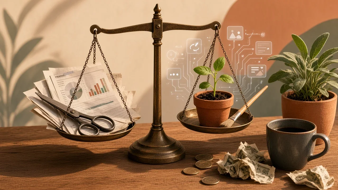 A balance scale weighs cost-cutting reports against growing plants while discarded drafts and tools lie nearby.