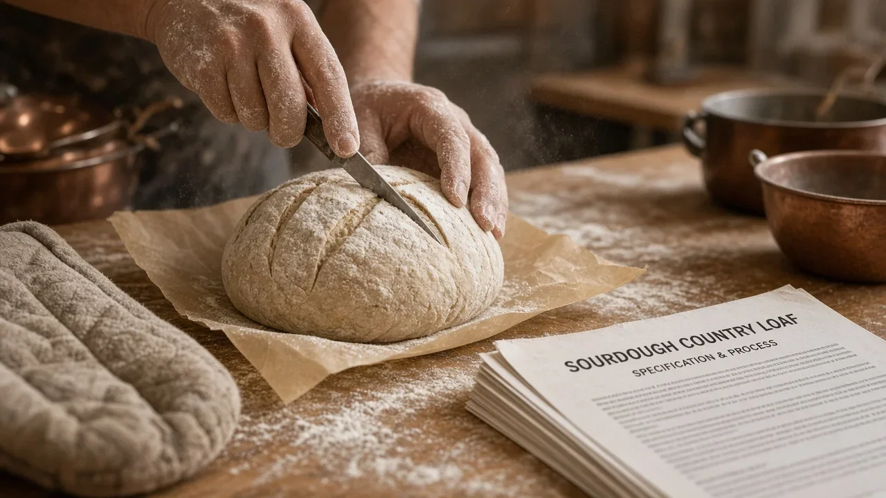 A baker shapes a loaf by hand beside a thick process specification on a flour-covered worktable.