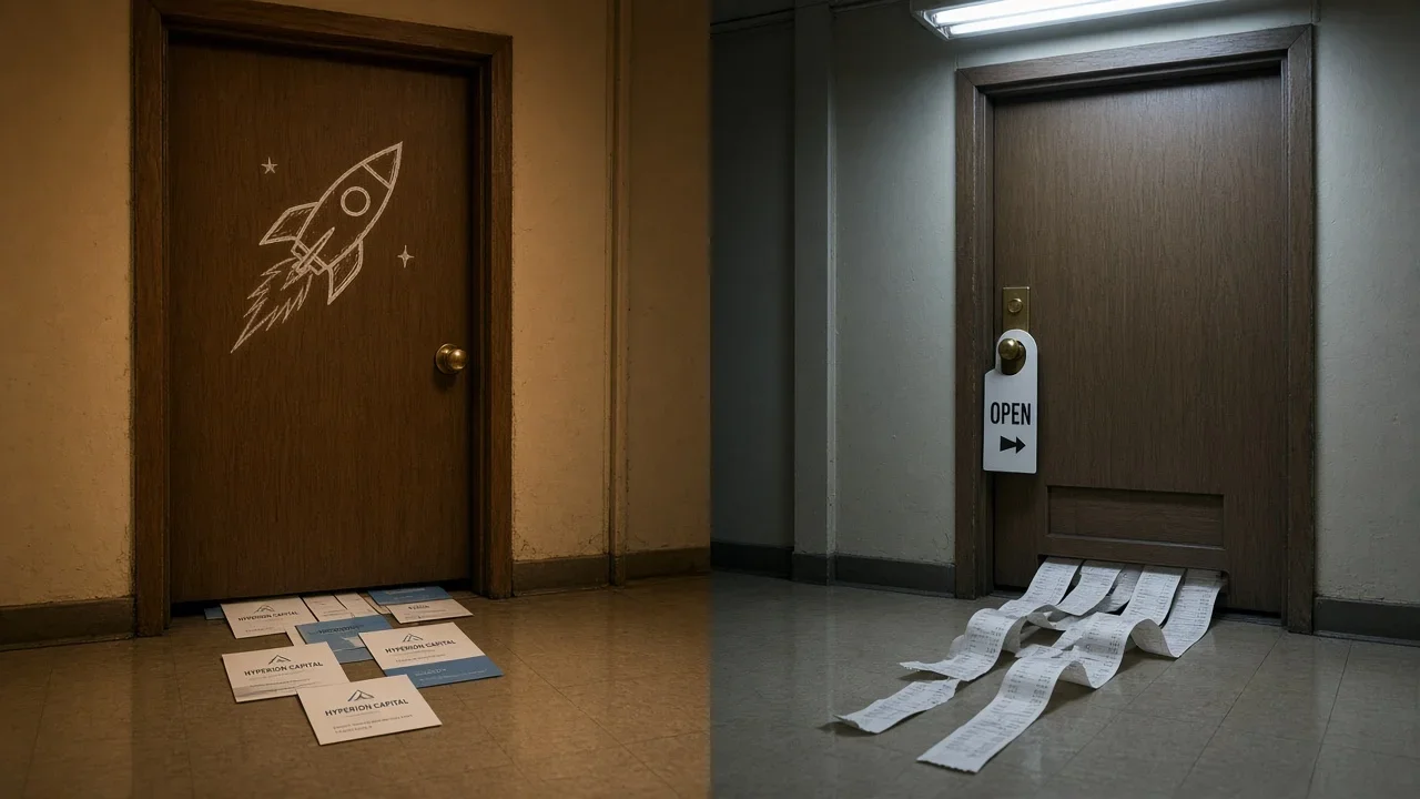 Two adjacent doors offer a rocket launch and an open cash-flow business, with investor cards and receipts scattered below them.