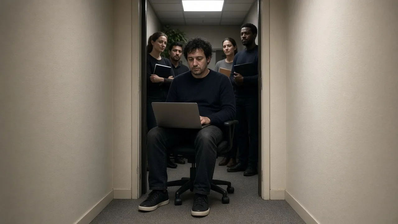 An editorial image of a founder blocking a narrow office passage while the team waits behind him.