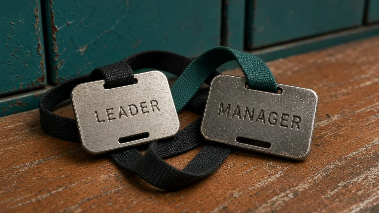 Two worn metal badges labeled leader and manager lie together on a wooden table with intertwined straps.