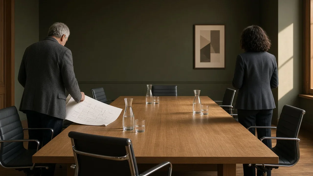 Two executives stand apart at opposite ends of a boardroom table while one holds a large strategic plan.