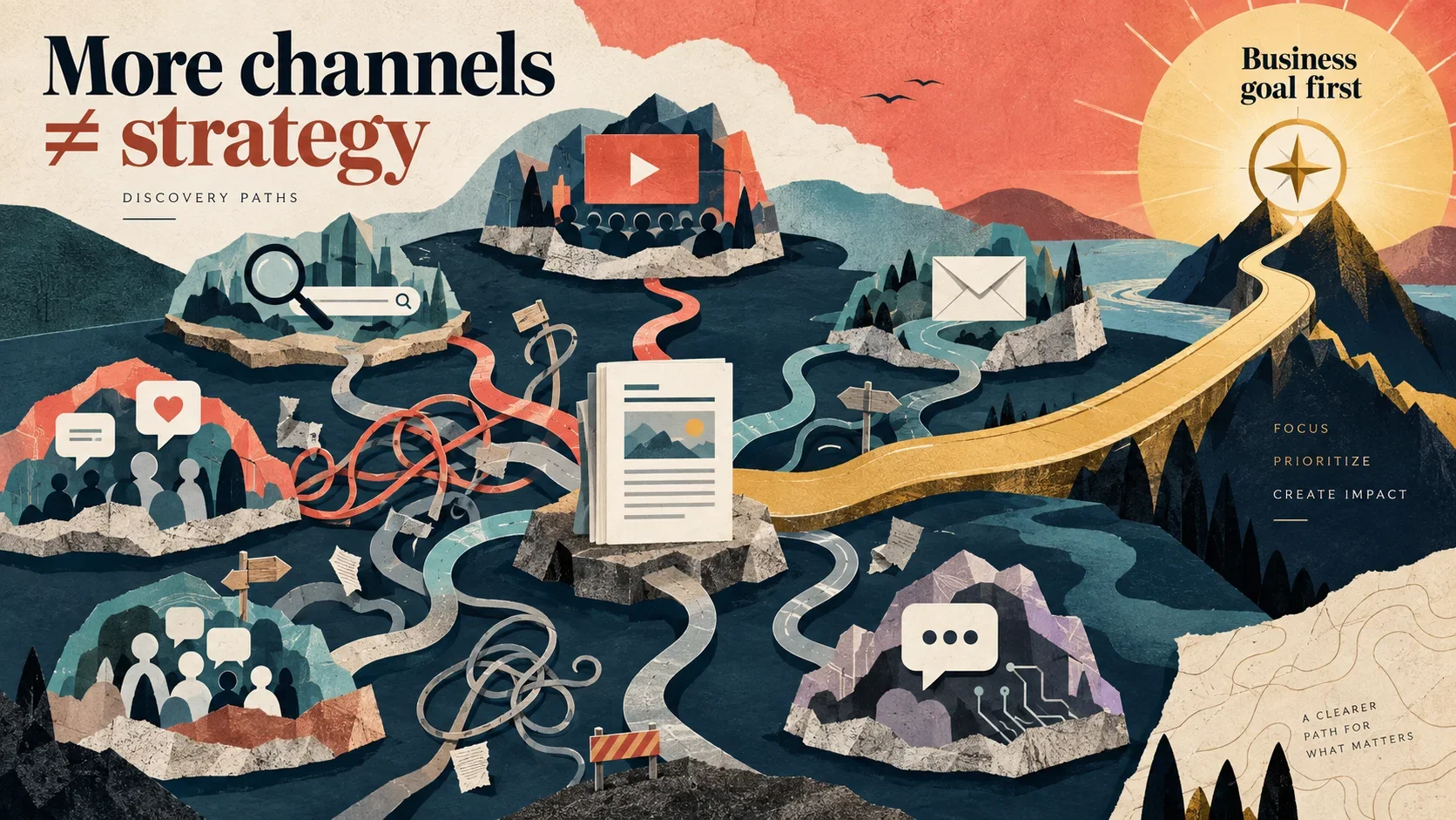 An editorial collage of tangled routes between content channels, contrasted with a clear path toward a business goal beneath the phrase More channels does not equal strategy.