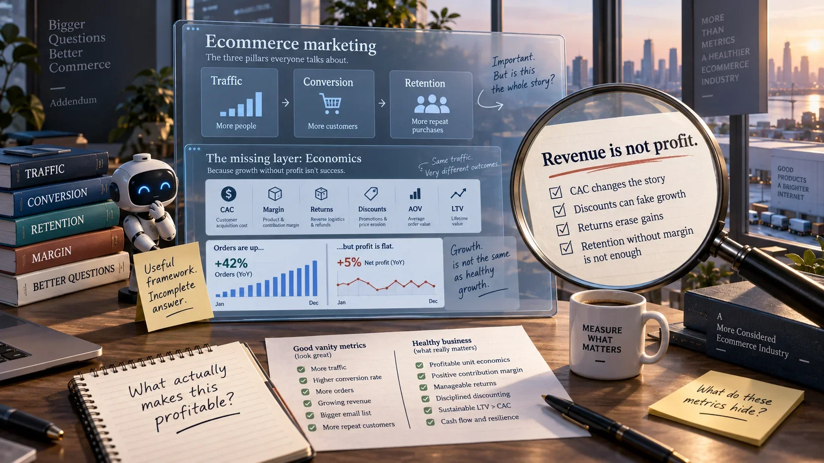 An ecommerce dashboard showing traffic, conversion, and retention beside a magnifying glass revealing that revenue is not profit.