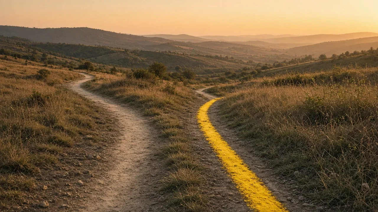An editorial illustration of two diverging business paths, one marked by a bright yellow line.