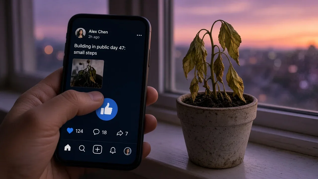 A founder likes a social post about small growth steps while a neglected plant wilts beside the phone.