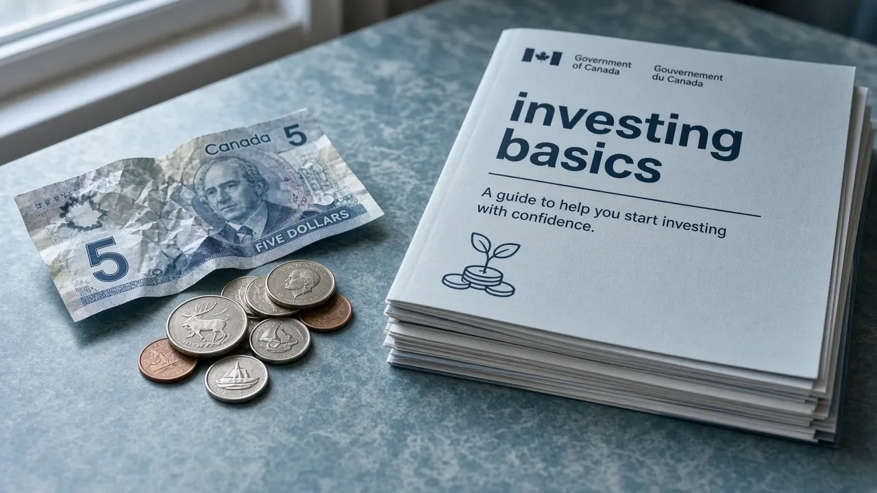 An editorial image of a Canadian investing basics booklet beside a small, crumpled banknote and loose coins.