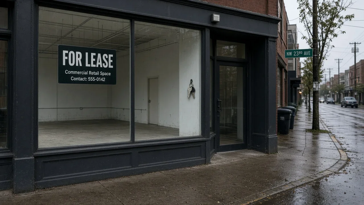 Keys hang inside an empty commercial storefront with a for-lease sign on a rainy street.