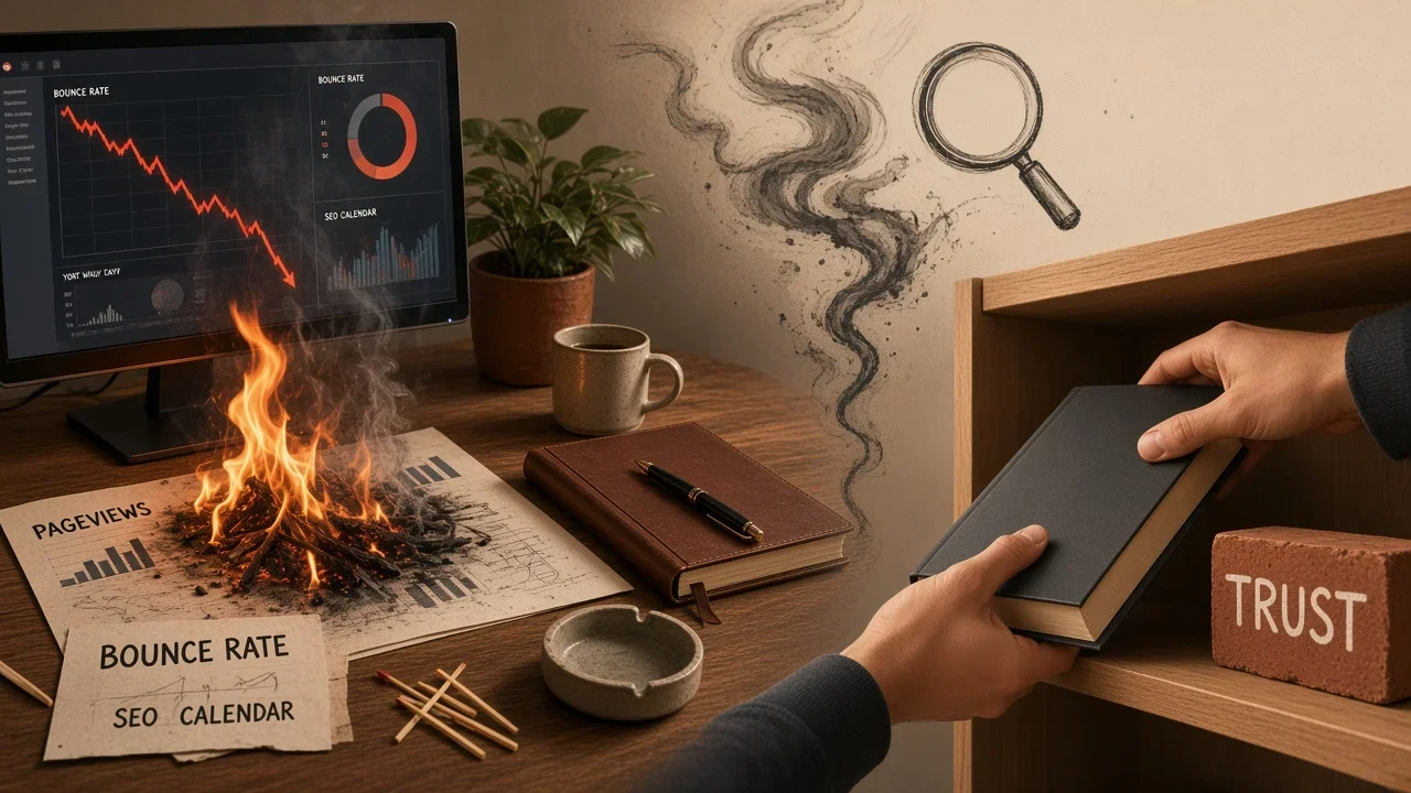 A falling analytics chart burns beside a notebook labeled meaningful work and a magnifying glass over the remains.