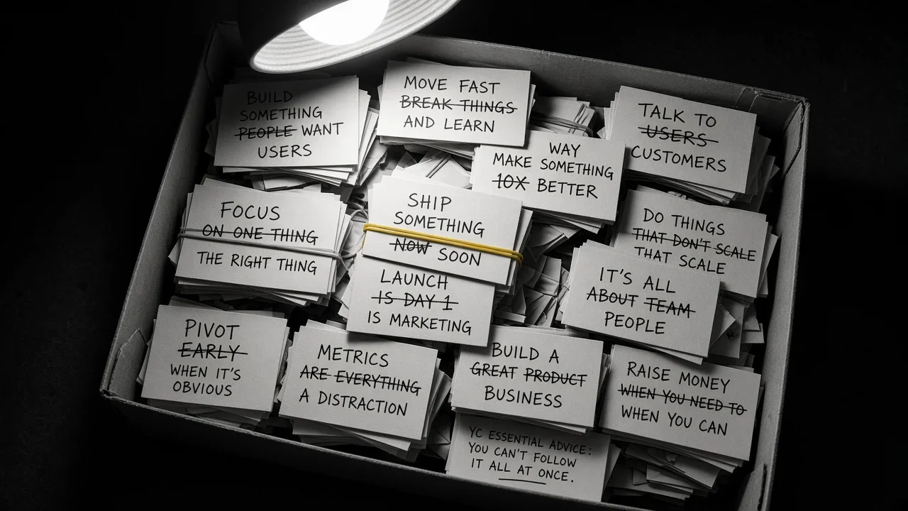 A box of startup advice cards contains contradictory instructions with corrections and crossed-out words.